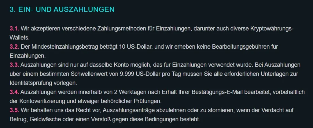 Abschnitt zu Einzahlungen und Auszahlungen in den Geschäftsbedingungen