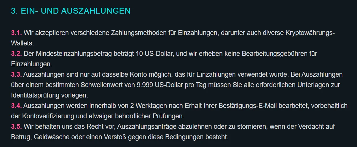 Abschnitt zu Einzahlungen und Auszahlungen in den Geschäftsbedingungen