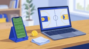 Smartphone und Laptop mit stilisierten Sportfeldansichten auf einem Schreibtisch