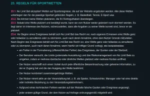 Abschnitt zu Sportwetten und zur Abrechnung von Märkten