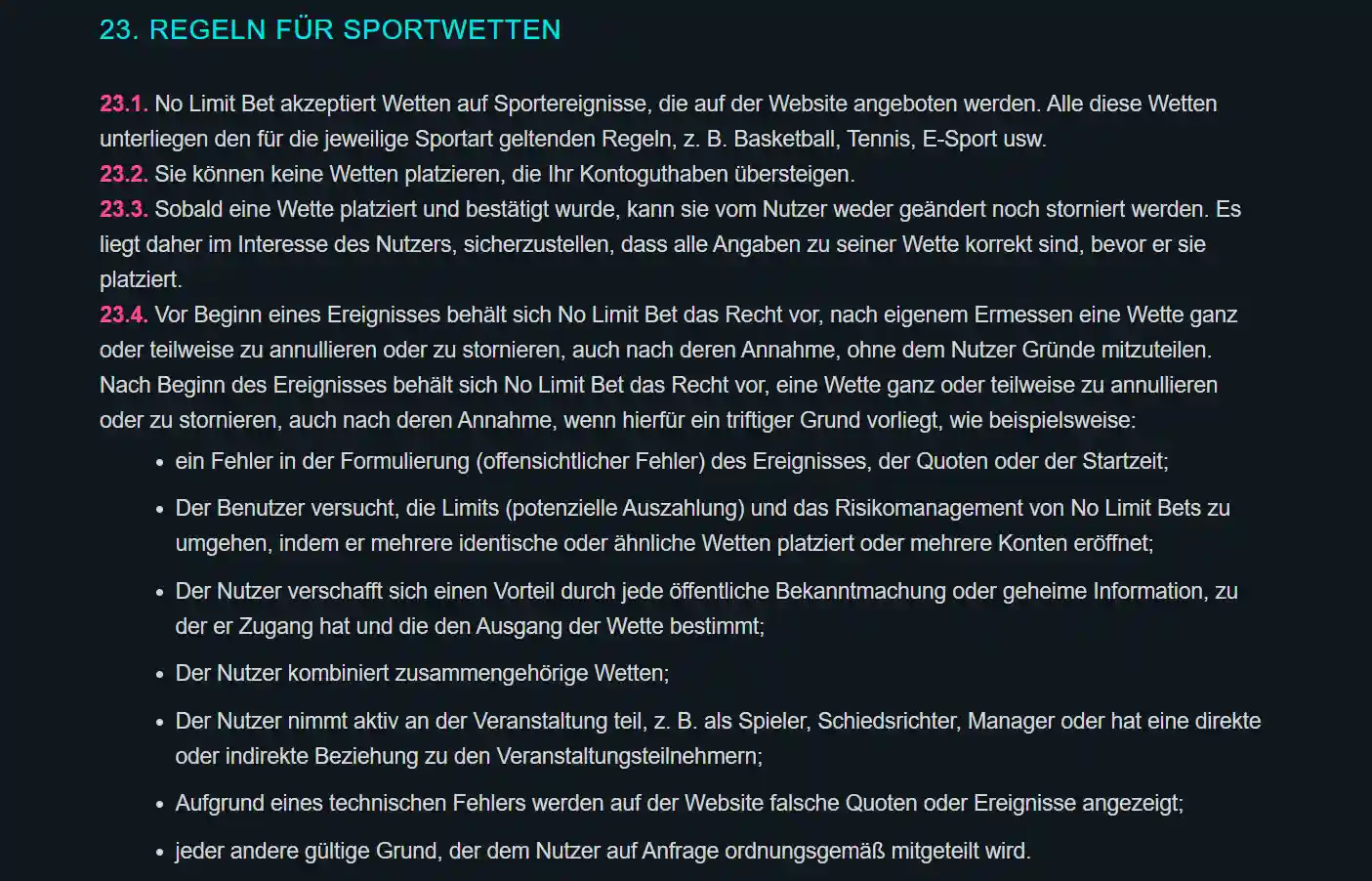 Abschnitt zu Sportwetten und zur Abrechnung von Märkten